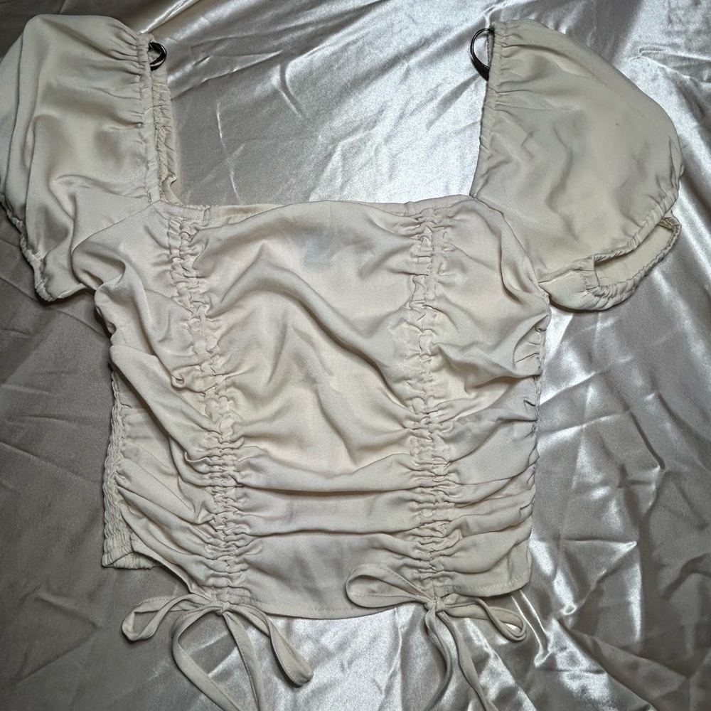 Cream Ruched Puff Sleeve Top